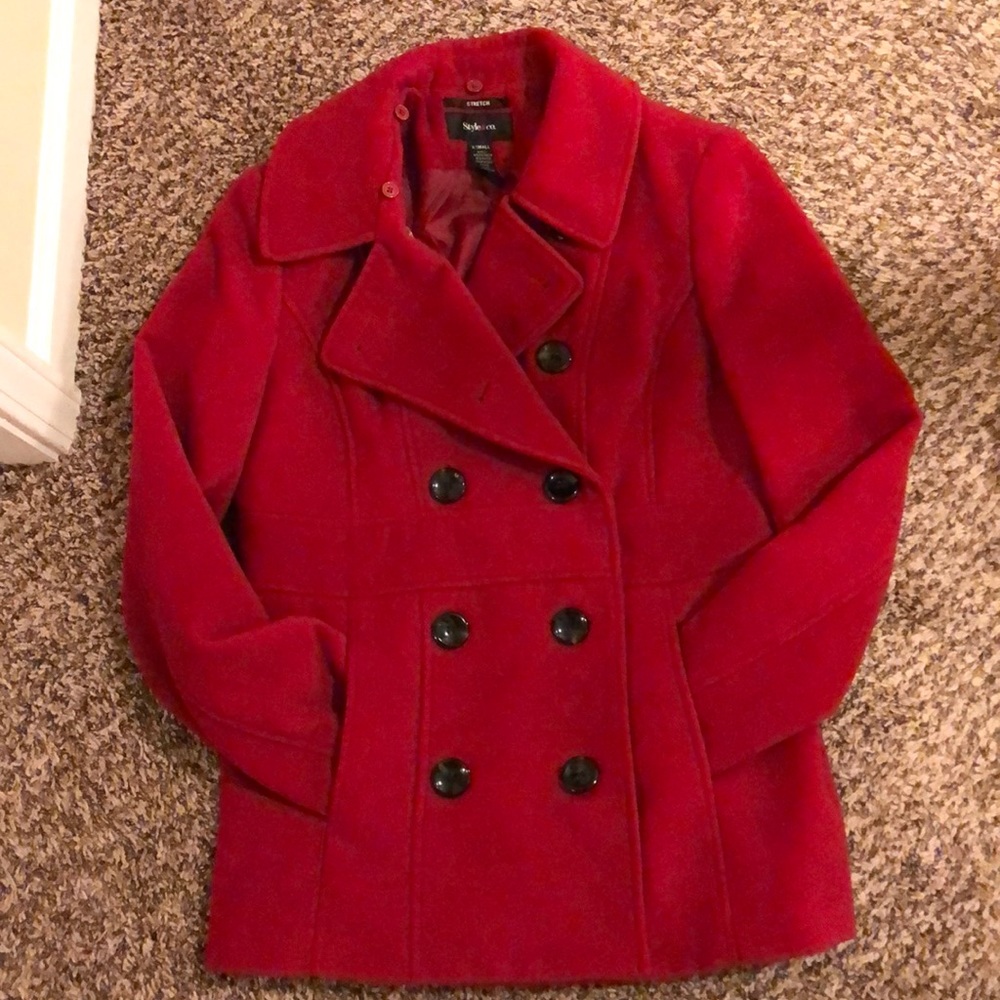 Red peacoat with detachable hood
